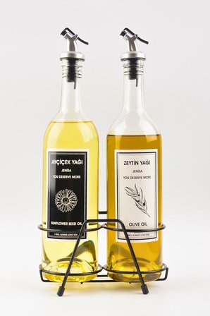 Şeffaf 750 Ml Siyah Beyaz Etiketli Siyah Standlı Akıtıcılı Yağlık Yağdanlık