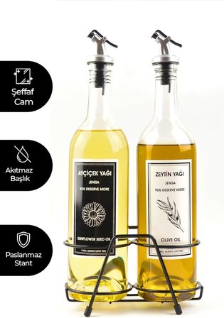 Şeffaf 750 Ml Siyah Beyaz Etiketli Siyah Standlı Akıtıcılı Yağlık Yağdanlık