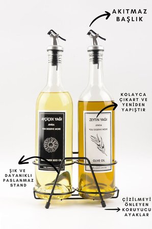 Şeffaf 750 Ml Siyah Beyaz Etiketli Siyah Standlı Akıtıcılı Yağlık Yağdanlık