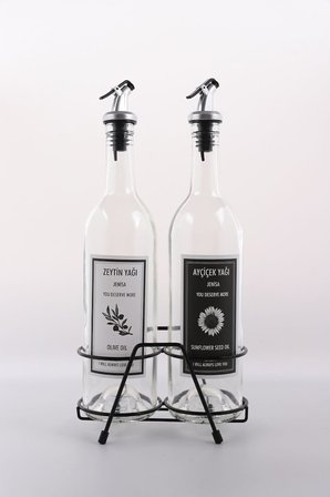 Şeffaf 750 Ml Siyah Beyaz Etiketli Siyah Standlı Akıtıcılı Yağlık Yağdanlık