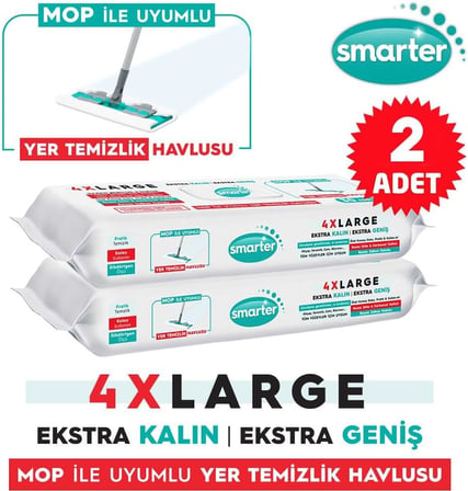 Smarter 2 Adet Yer Temizlik Havlusu Bezi 4XL Mopa Uyumlu Yüzey Beyaz Sabun Kokulu Sirke ve Karbonat Katkılı 60 Yaprak