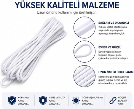 10 Metre Beyaz Yuvarlak Bel Lastiği – Güçlü Esnek Lastik İpi, Çok Amaçlı Kullanım İçin Dayanıklı Elastik Kordon
