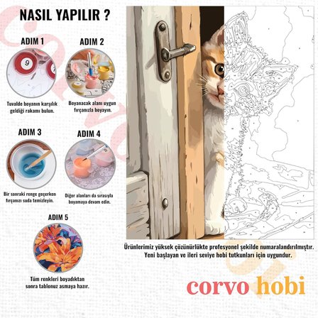 Sayılarla Boyama Tuval Hobi Seti, Fırça ve Boya Dahil Set (Çıtalı) 40x50 CM, Kendin Yap Sayılarla Tuval Boya Kiti (KASNAKLI) (40X50, KAPI ARKASI KEDİ)