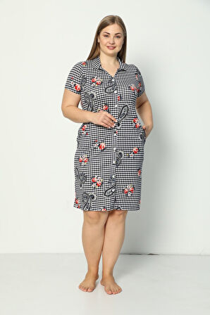 Kadın Kısa Kollu Desenli Düğmeli Cepli Büyük Beden Penye Modal Elbise