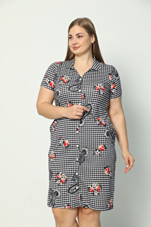 Kadın Kısa Kollu Desenli Düğmeli Cepli Büyük Beden Penye Modal Elbise