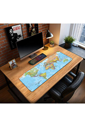 Dünya Haritası Oyun Gaming Klavye Mouse Pad Kaymaz Taban Kenarları Dikişli Su Geçirmez Masa Matı 70x30 cm
