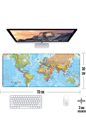 Dünya Haritası Oyun Gaming Klavye Mouse Pad Kaymaz Taban Kenarları Dikişli Su Geçirmez Masa Matı 70x30 cm