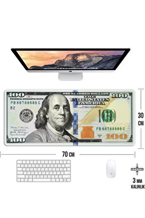 Dolar Baskılı Oyun Gaming Klavye Mouse Pad Kaymaz Taban Kenarları Dikişli Su Geçirmez Masa Matı 70x30 cm