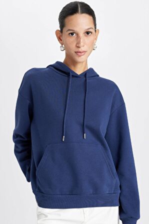 DeFacto Relax Fit Kapüşonlu Kanguru Cepli Kalın Basic Düz Sweatshirt W1240AZ24WNNV42