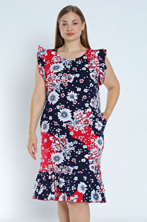 Kadın Lacivert üyük beden desenli %100 pamuk cepli kolu ve eteği fırfırlı elbise