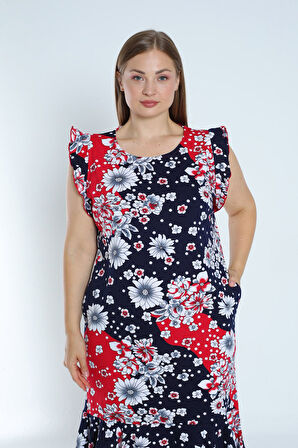 Kadın Lacivert üyük beden desenli %100 pamuk cepli kolu ve eteği fırfırlı elbise