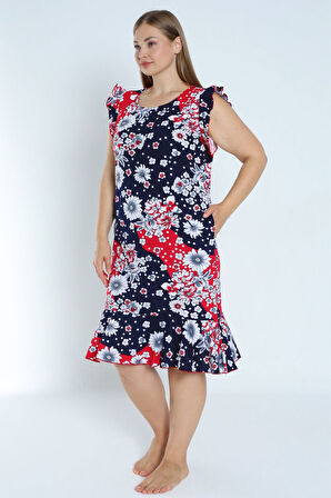 Kadın Lacivert üyük beden desenli %100 pamuk cepli kolu ve eteği fırfırlı elbise