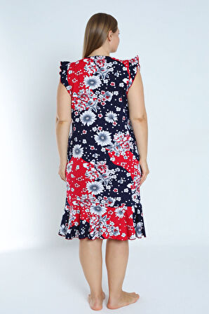 Kadın Lacivert üyük beden desenli %100 pamuk cepli kolu ve eteği fırfırlı elbise