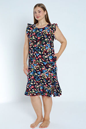 Kadın Lacivert Büyük Beden Desenli %100 Pamuk Cepli Kolu Ve Eteği Fırfırlı Elbise