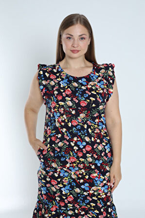 Kadın Lacivert Büyük Beden Desenli %100 Pamuk Cepli Kolu Ve Eteği Fırfırlı Elbise