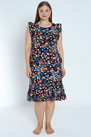 Kadın Lacivert Büyük Beden Desenli %100 Pamuk Cepli Kolu Ve Eteği Fırfırlı Elbise