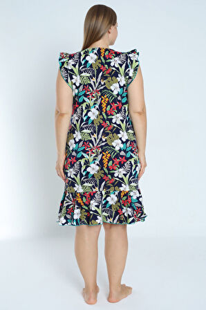 kadın büyük beden desenli %100 pamuk cepli kolu ve eteği fırfırlı elbise