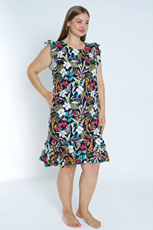 kadın büyük beden desenli %100 pamuk cepli kolu ve eteği fırfırlı elbise