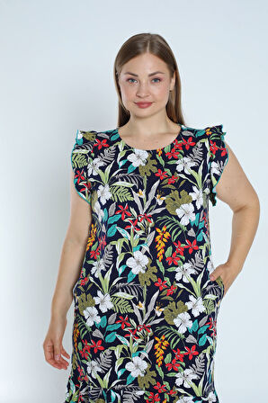 kadın büyük beden desenli %100 pamuk cepli kolu ve eteği fırfırlı elbise