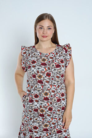 Kadın Büyük Beden %100 Pamuk Desenli Cepli Kolu Ve Eteği Fırfırlı Elbise