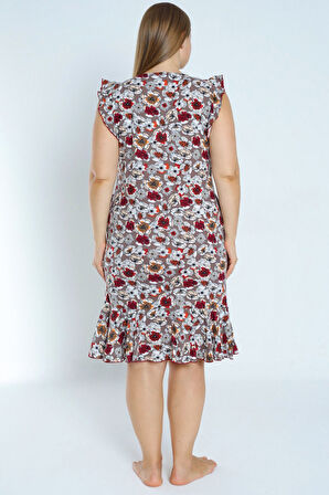 Kadın Büyük Beden %100 Pamuk Desenli Cepli Kolu Ve Eteği Fırfırlı Elbise