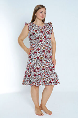 Kadın Büyük Beden %100 Pamuk Desenli Cepli Kolu Ve Eteği Fırfırlı Elbise