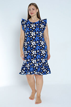 Büyük Beden Desenli Lacivert %100 Pamuk Cepli Kolu Ve Eteği Fırfırlı Askılı Elbise