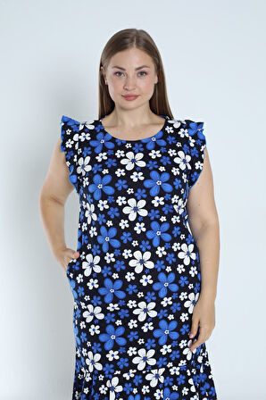 Büyük Beden Desenli Lacivert %100 Pamuk Cepli Kolu Ve Eteği Fırfırlı Askılı Elbise