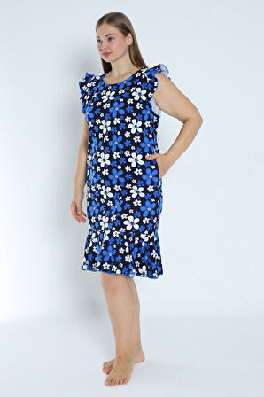 Büyük Beden Desenli Lacivert %100 Pamuk Cepli Kolu Ve Eteği Fırfırlı Askılı Elbise