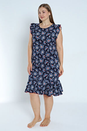 Lacivert Büyük Beden %100 Pamuk Cepli Kolu Ve Eteği Volanlı Elbise