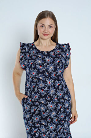 Lacivert Büyük Beden %100 Pamuk Cepli Kolu Ve Eteği Volanlı Elbise