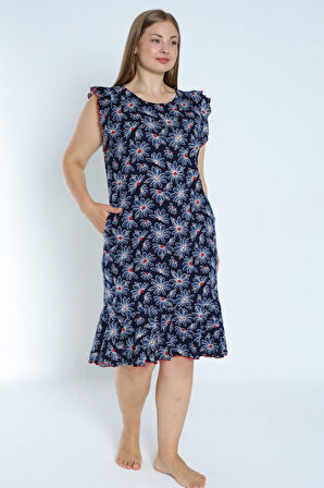 Lacivert Büyük Beden %100 Pamuk Cepli Kolu Ve Eteği Volanlı Elbise