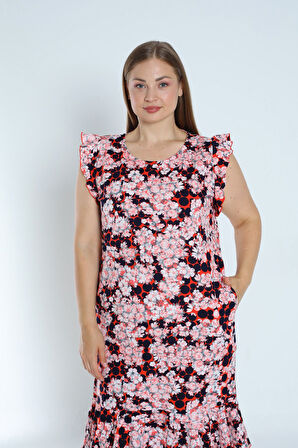 Kadın Büyük Beden Desenli %100 Pamuk Cepli Kolu Ve Eteği Fırfırlı Elbise