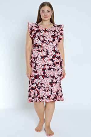 Kadın Büyük Beden Desenli %100 Pamuk Cepli Kolu Ve Eteği Fırfırlı Elbise