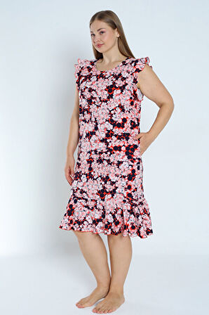 Kadın Büyük Beden Desenli %100 Pamuk Cepli Kolu Ve Eteği Fırfırlı Elbise