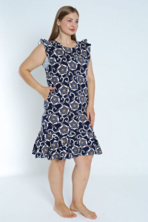 Kadın Lacivert Büyük Beden Desenli %100 Pamuk Cepli Kolu Ve Eteği Fırfırlı Elbise