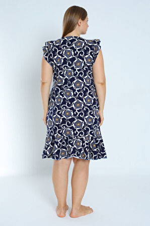 Kadın Lacivert Büyük Beden Desenli %100 Pamuk Cepli Kolu Ve Eteği Fırfırlı Elbise