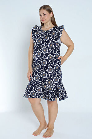 Kadın Lacivert Büyük Beden Desenli %100 Pamuk Cepli Kolu Ve Eteği Fırfırlı Elbise