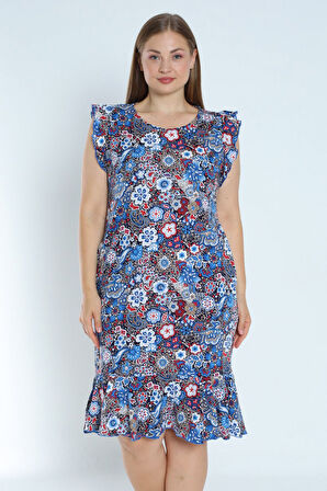 Kadın Büyük Beden Desenli %100 Pamuk Cepli Kolu Ve Eteği Fırfırlı Elbise