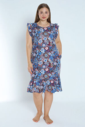 Kadın Büyük Beden Desenli %100 Pamuk Cepli Kolu Ve Eteği Fırfırlı Elbise