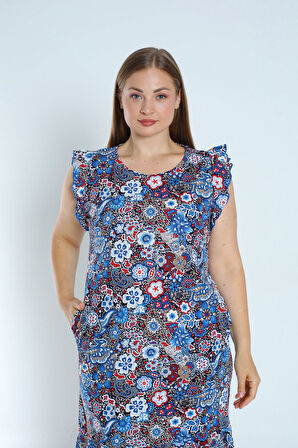 Kadın Büyük Beden Desenli %100 Pamuk Cepli Kolu Ve Eteği Fırfırlı Elbise