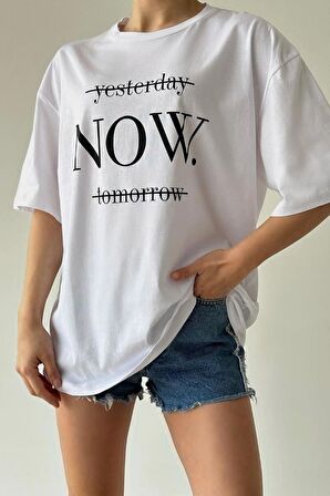 Kadın Oversize %100 Pamuk Yesterday Baskılı T-shirt yesterday