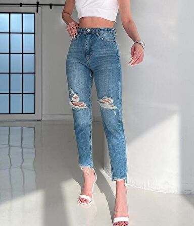 KADIN BLUE DİZ YIRTIK MOM JEAN