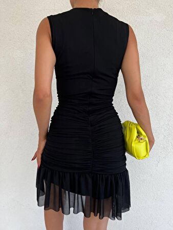 Kadın Astarlı Tül Kumaş Kruvaze Yaka Tasarım Kolsuz Mini Abiye Elbise