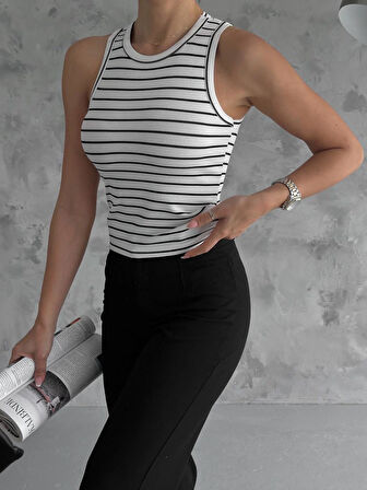 Kadın Çizgili Halter Yaka Crop Bluz