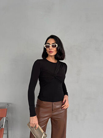 Kadın Önü Çapraz Düğümlü Büzgülü Sandy Kumaş Body Bluz