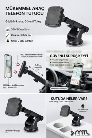 Güçlü Manyetik Teleskopik Kol Araç İçi Telefon Tutucu Çift Kilitli ve Dayanıklı Vantuz 360° MT6040