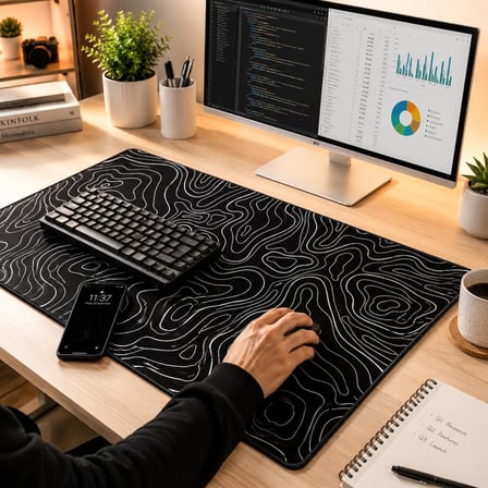 McStorey 90x40 cm Mouse Pad, Beyaz Topografik Kontur Desenli Büyük Mouse Pad, Kaymaz Kauçuk Tabanlı, Dikişli Kenarlı 3 mm Klavye ve Mouse Altlığı, Minimal Desk Mat