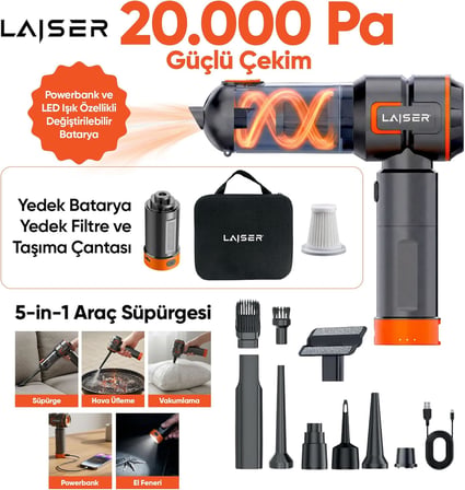 VT-120 5-in-1 Kablosuz Araç Süpürgesi: 20.000 Pa Güç &amp; Değiştirilebilir 2 Bataryalı (Powerbank ve LED Işık Özellikli)
