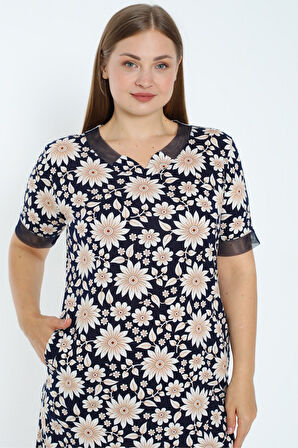 Desenli Tül Detaylı Kısa Kollu Cepli Büyük Beden Pamuklu Elbise